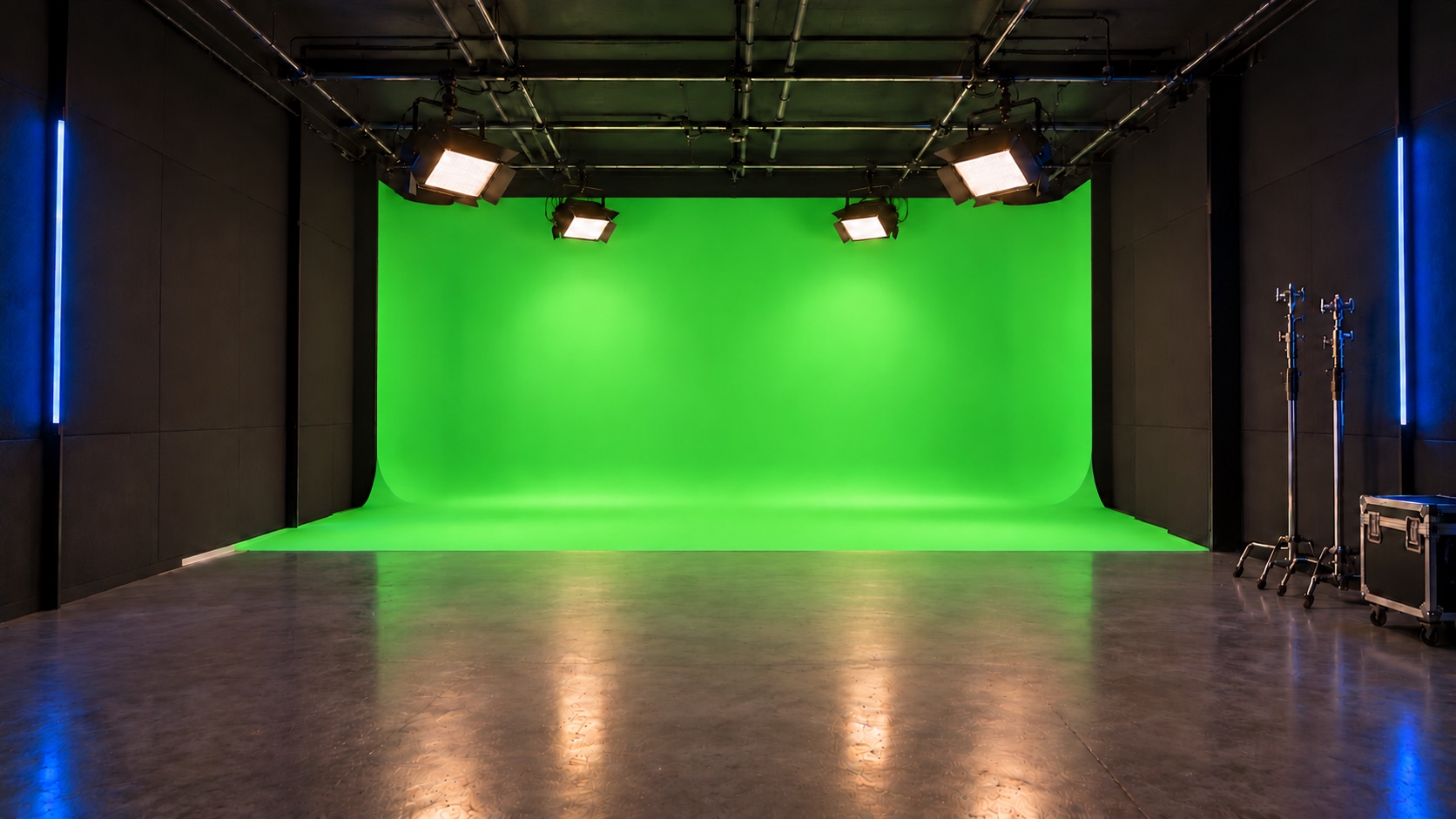 Soundstage with a chroma-green cyclorama and overhead lighting grid